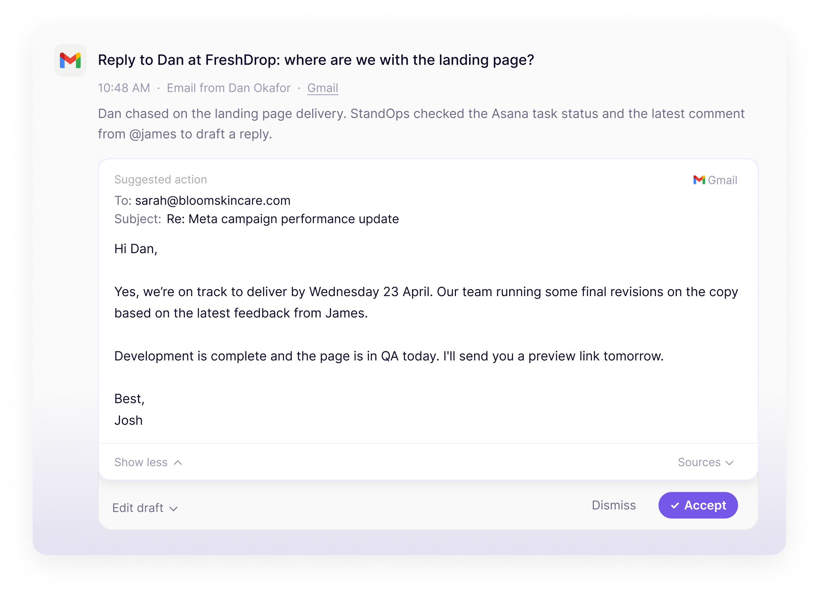 StandOps drafts a Gmail reply about Meta campaign performance, ready for one-click approval